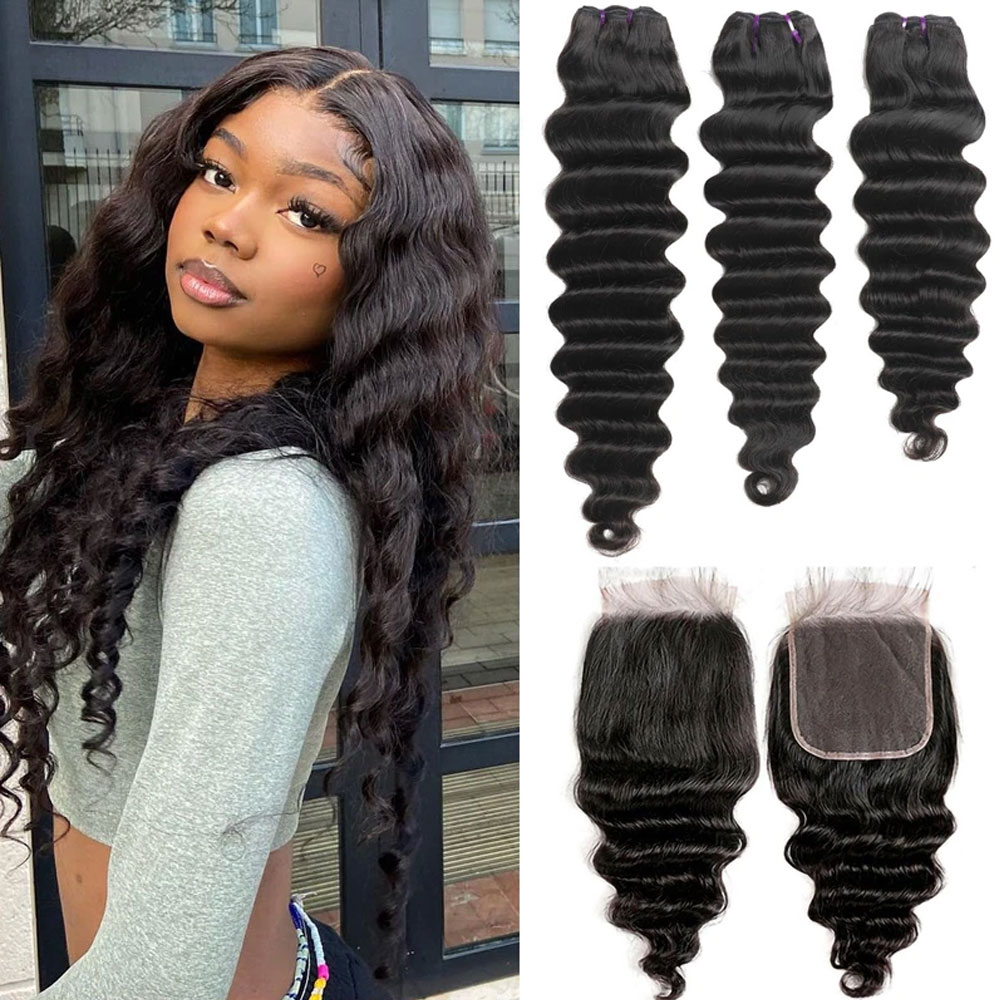 Deep Wave 3 Bundles With Closure - Lockere Deep-Wave-Haarbündel mit Verschluss 5x5 6x6