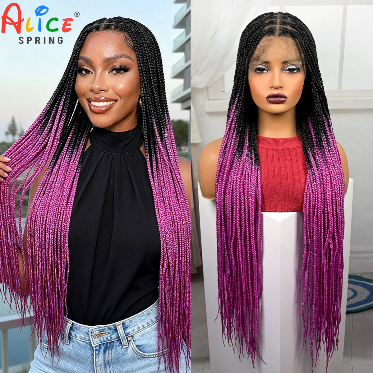Synthetic Braided Wigs For Black Women - 36 Zoll lange, rosafarbene Box-Braids-Perücken, synthetische,