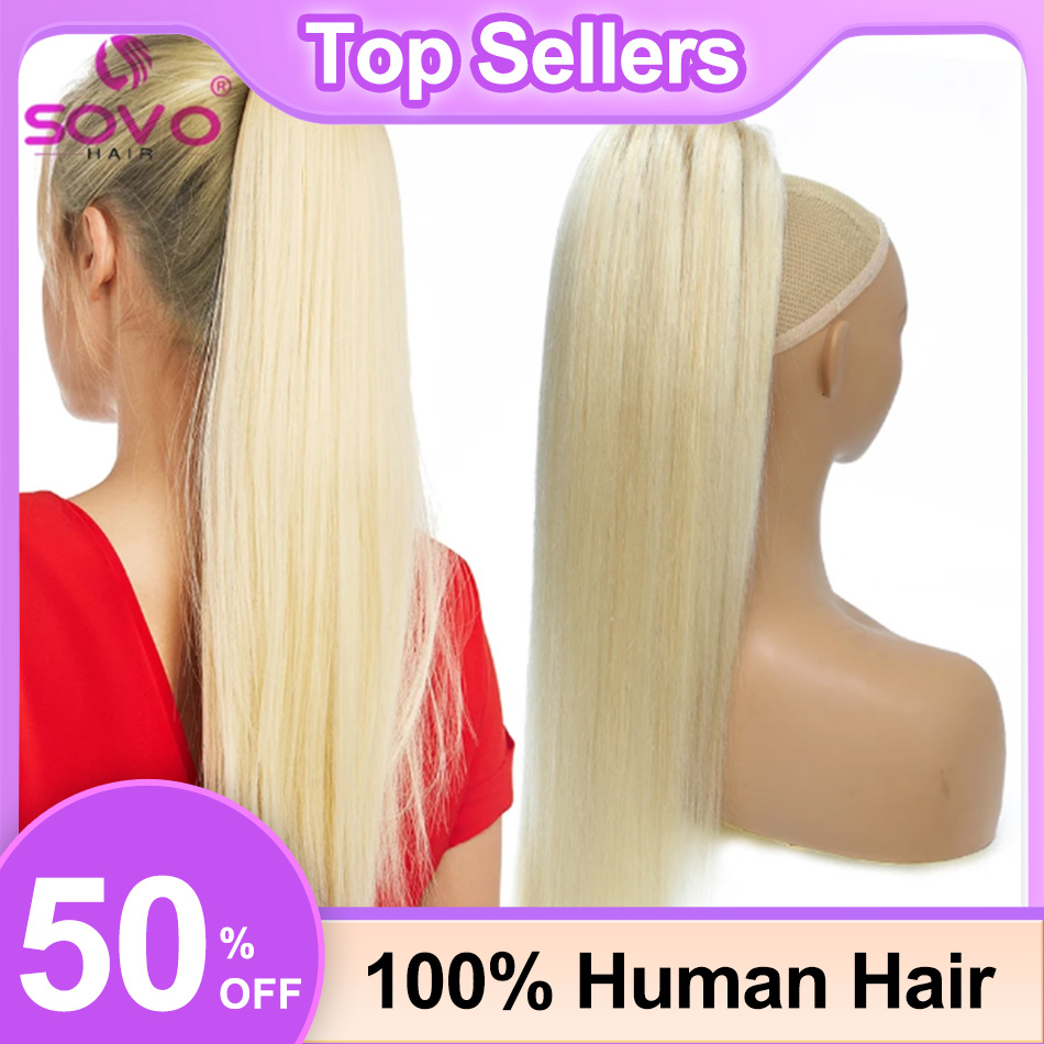 Seamless Clip In Hair Extensions Human Hair - SOVO Kordelzug-Pferdeschwanz, Echthaar, glatt, europäisches Blondes