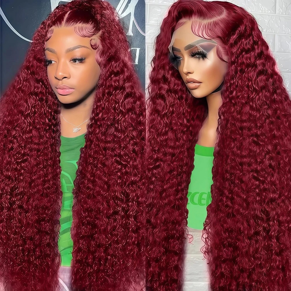 Human Hair Wigs - 99J Burgunderrote Tiefwellen-Perücke mit 200er Dichte,