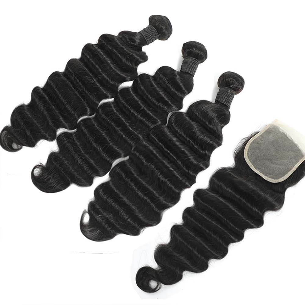 Deep Wave 3 Bundles With Closure - Unbehandelte, lose, tief gewellte Echthaarbündel mit