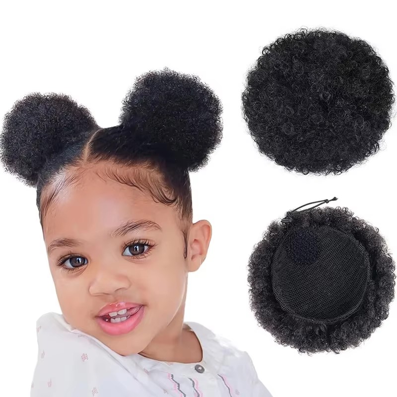 Drawstring Afro Curly Puff Ponytail - 1 Stück/Packung Kinder-Haarpuff Natürliches Schwarzes Echthaar